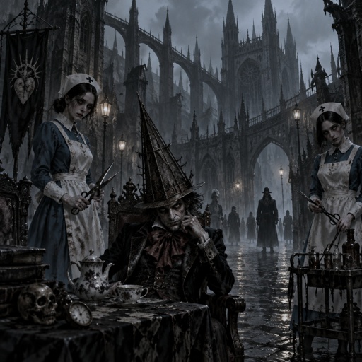 Silent Hill with pyramid head and the nurses with an Alice and wonderland spin with mad hatter as pyramid head