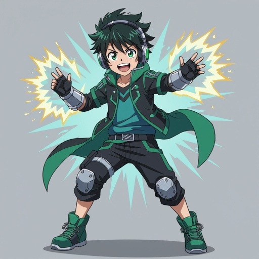 (This me my name is echo Jirou, I'm jirou's little brother and I'm excited to finally be in MHA high school I can't wait to become a hero, my quirk is called sonicboom and it gives me the ability to produce strong soundwaves from my body mostly my hands and feet to be able to use my quirk I need special gauntlets and shoes, I'm always wearing headphones and my outfit consists of green, teal, blue and black, I'm a boy)