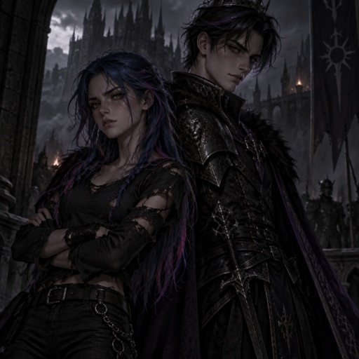 A 17 year old girl who has blue hair with purple and pink stripes and hazel eyes. She looks strong and confident and annoyed. She is wearing a black shirt and black pants. With her is an 18 year old prince who has black hair with purple stripes and blue eyes. He’s wearing all black. He has a small smirk.