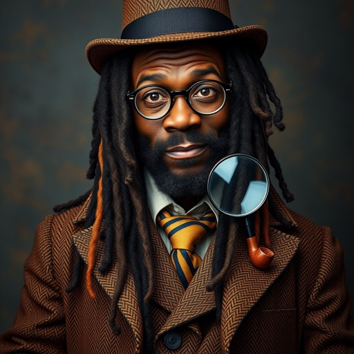 Create a funny serious fat character similar to Sherlock Holmes, but make him of black decent and with dread locks. Show his whole outfit including his shoes.
