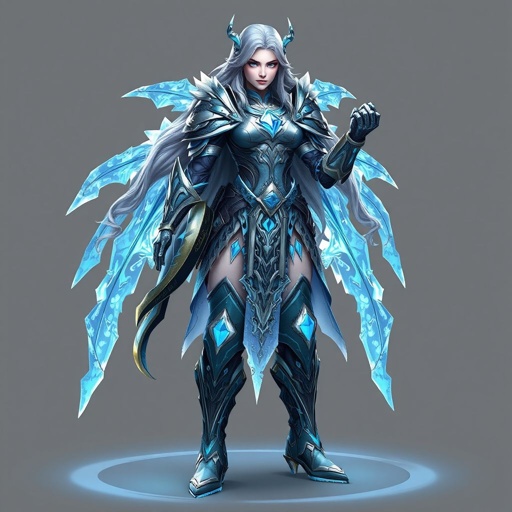 Create a battle woman hero called Alvara the Frostheart. Show full body head to toe including shoes