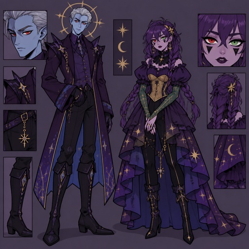 Male, grey short slick pointy back hair, ight blue skin, completely full red eyes, halo of gold stars surrounding head, purple long coat buttoned up, purple shirt and collar, shirt sleeves over palms, tall boots, black pants, blue details on clothes, pointy shoulder pads dark purple, Female, purple braids, messy bangs, one red eye the other green, black triangle under eyes, stars on face, dark purple lipstick,  purple dress with a short front, puffy short sleeve, gold corset, long green sleeves, green details on clothes, stars on top, ruffled collar, black pants