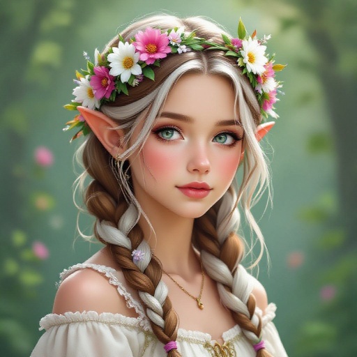 Thin girl with half brown and white hair in coronet braid