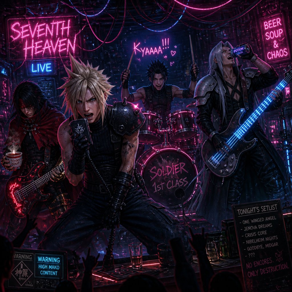 Cloud Zack Sephiroth and Vincent from ff7 cloud with singing heavy metal very aggressively while on the phone and holding the microphone and Zack aggressively playing drums yelling and being cute Sephiroth aggressively playing base and laughing while drinking soda and Vince aggressively playing the guitar and while holding soup on a stage in a bar