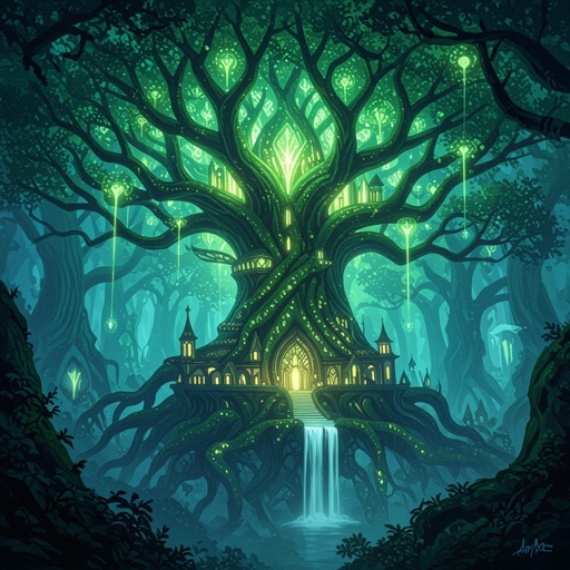Elven tree city in the woods