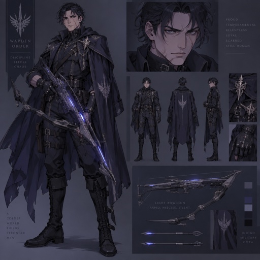 Male, indigo, light bow-gun, military goth, scar, temperamental 