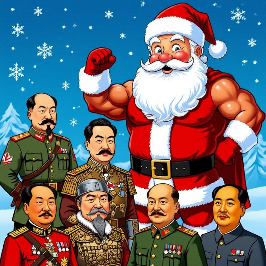 Santa with muscles  also nazi  next of him is Hitler Genghis khan Peter then great Stalin  Chaplin mao zedung