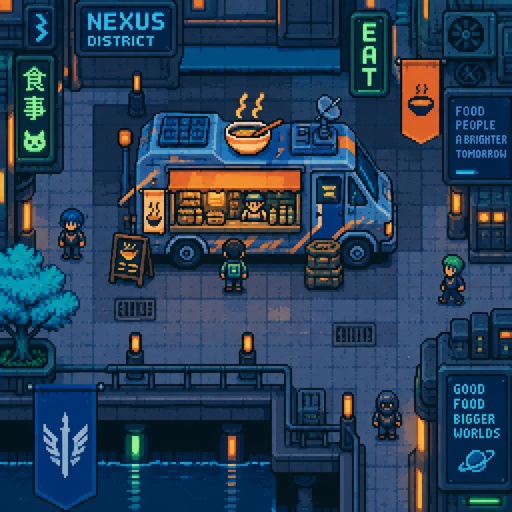 Food truck for a fantasy game set in futuristic times, city, exterior, full building, top-down style,