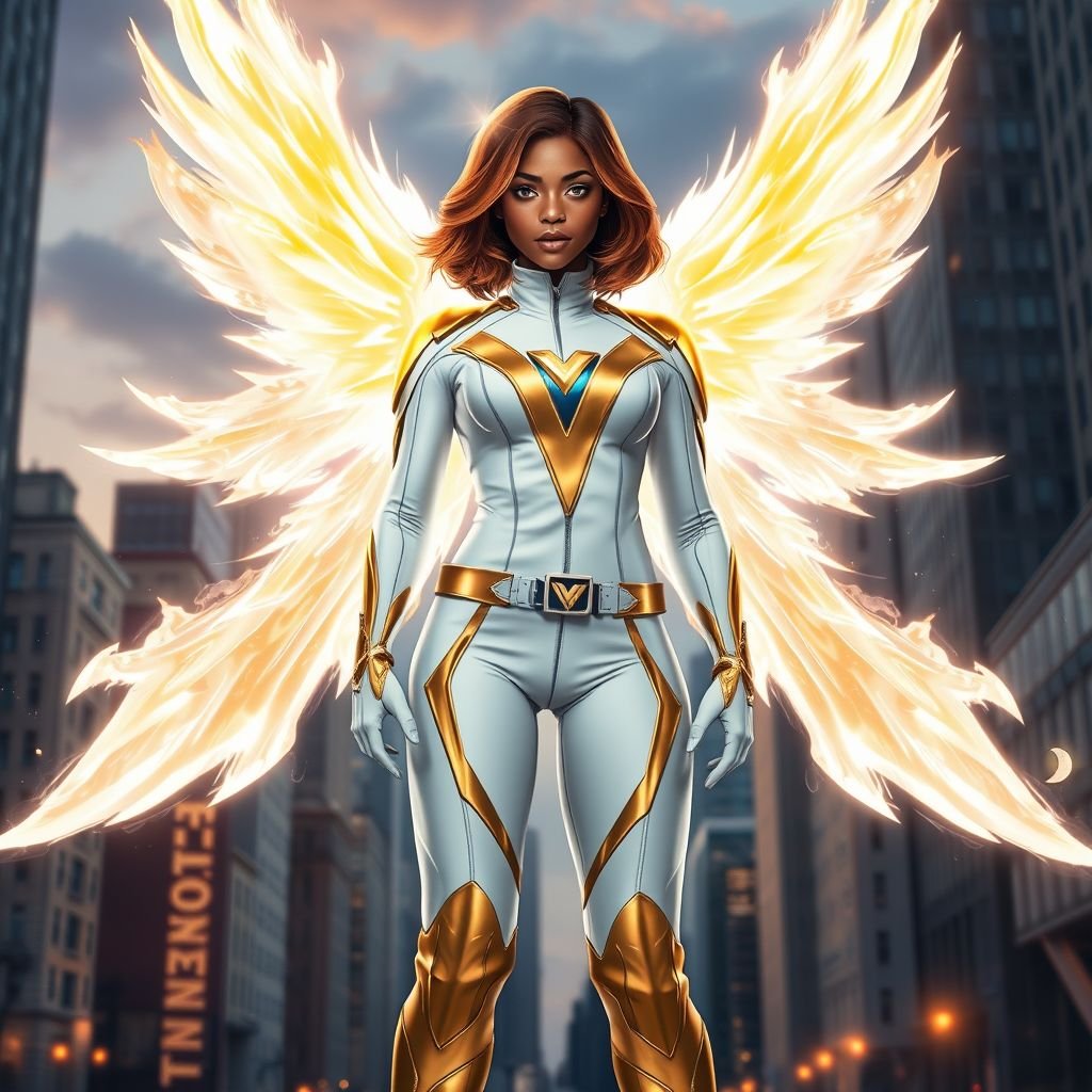 A teenage African American female superhero with brown hair with gold highlights in a shoulder length side part hairstyle with pure Gold Glowing eyes wearing a white suit with gold and royal blue with white pants and gold and white knee length boots with a utility belt with a gold V as her chest emblem with glowing wings made of white fire in Philadelphia