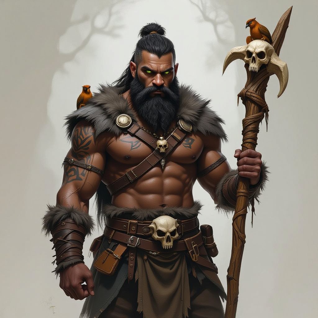 Kael the Beastbound – A rugged, broad-shouldered man with black skin and a rough beard, wearing armor made from bone and leather. deep green eyes tattoos of animal tracks spiral down his arms. He carries a massive wooden staff carved with the shapes of beasts, and small creatures often perch on his shoulders or follow at his feet.