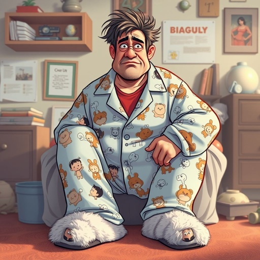 Create mid 30 character who is lazy as heck. And you could tell from his face and his entire outfit. Make is funny and the style of the graphic photographic