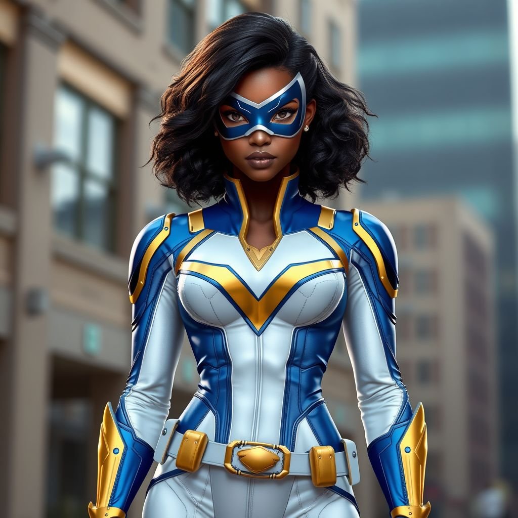 A teenage African American female with shoulder length curly hair  in a side part style superhero  wearing a  DOMINO MASK and a professionally made slightly armored white and blue suit with blue pants gold accents and a stylized V as her chest emblem a utility belt and gold boots