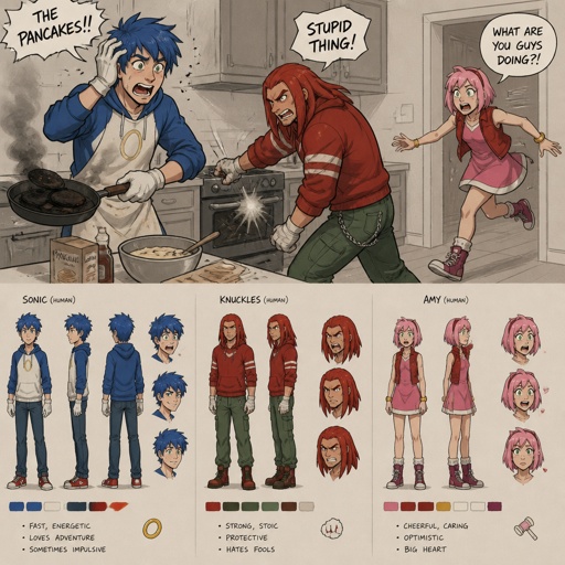 Sonic the Hedgehog, Sonic as a human, knuckles the echidna as a human,and Amy rose the hedgehog as a human,there in the kitchen sonic is burning the pancakes he is freaking out, knuckles is punching the oven angrily saying “stupid thing”,Amy is coming in the kitchen and freaks out saying “what are you guys doing”