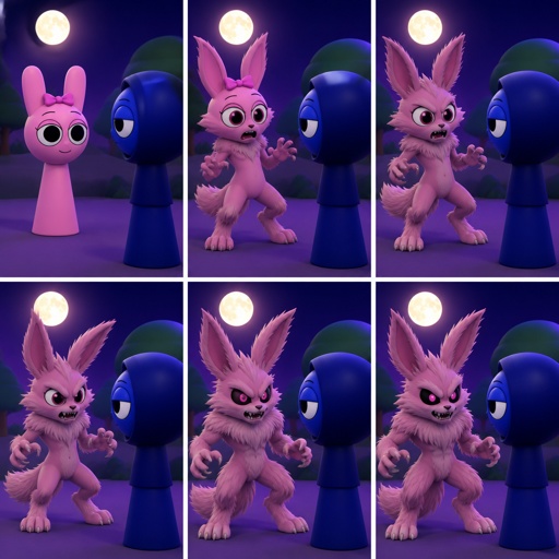 Pinki from sprunki starting to turn into her kind Wererabbit self in front of Jevin from sprunki with her legs and tail transforming and then her arms and then her ears and her neck gets fluffy and then she’s fully transformed with her eyes being black and pink