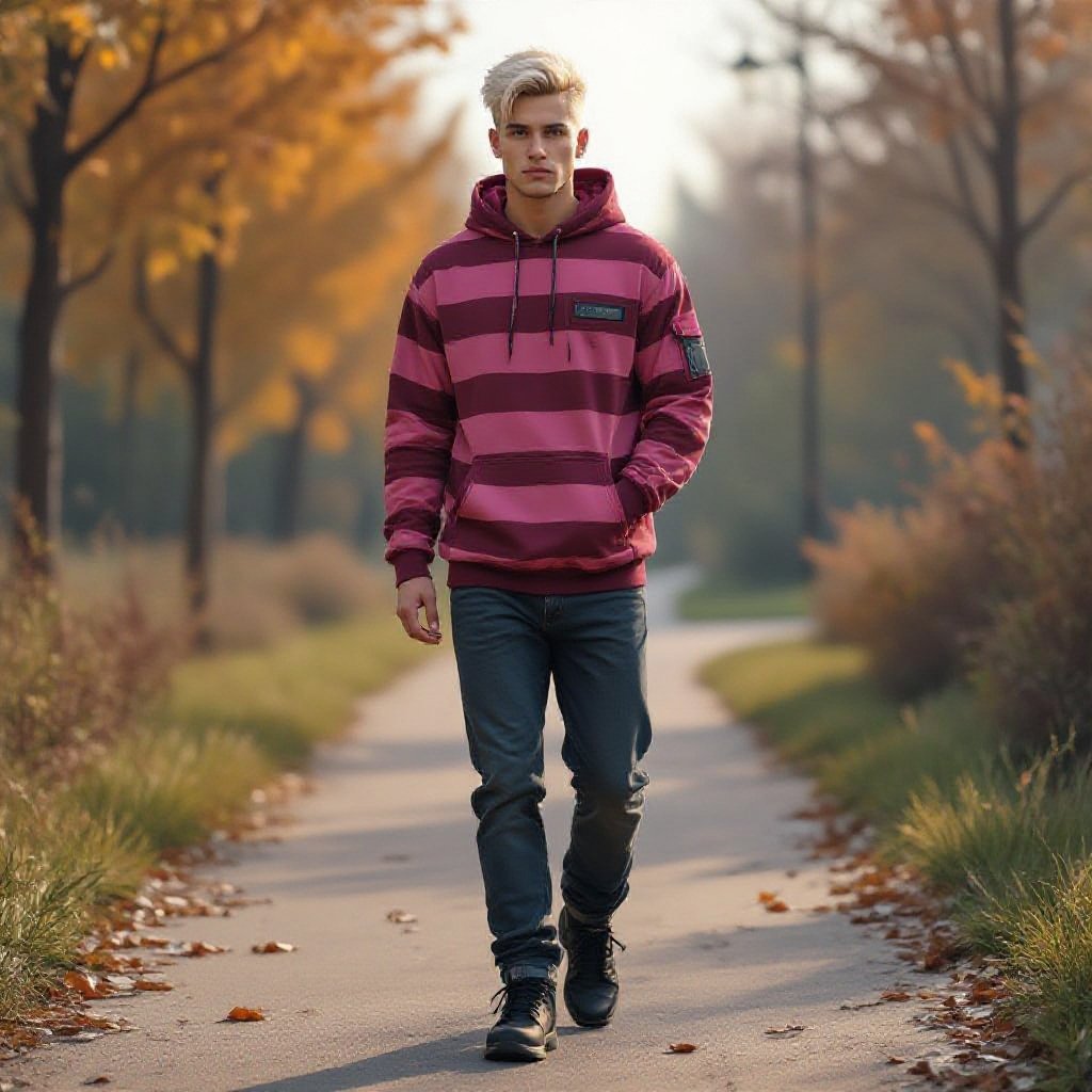 A 19 Year Old Man in Skinny Corduroy. Pink and Maroon Striped Tactical Hoodie with Platinum Blonde Hair and an Undercut. Black Hiking Shoes. In an Outdoor Walking Path. 