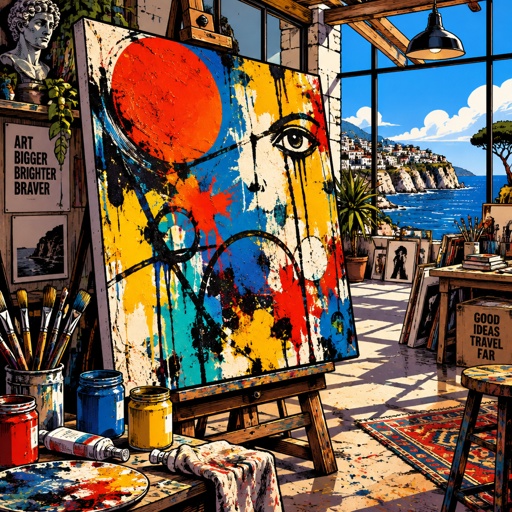 No speech bubble no print dots, highly realistic . Angled front view of an wild abstract painting in an artist studio overlooking the sea. Lots of texture