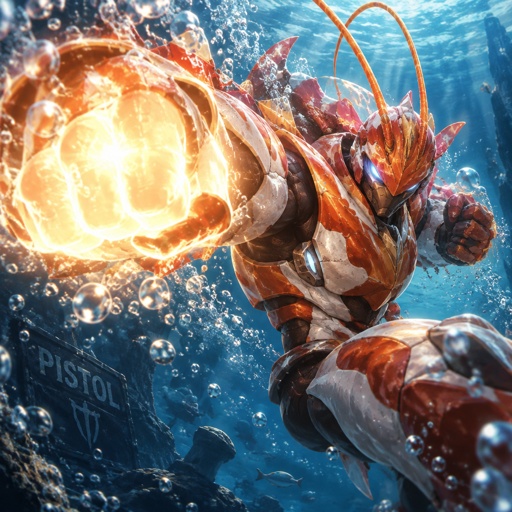 His name is Pistol, a pistol shrimp turned into a human superhero, a shell outfit, colorful design, show him punching and his fist is lighted up like the sun. Background is the under water 