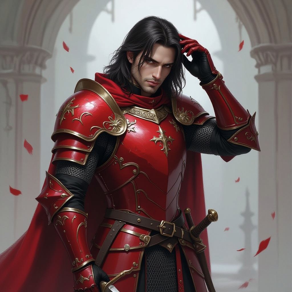 knight with his helmet off, dark hair, paleskin tone, red vampire armor