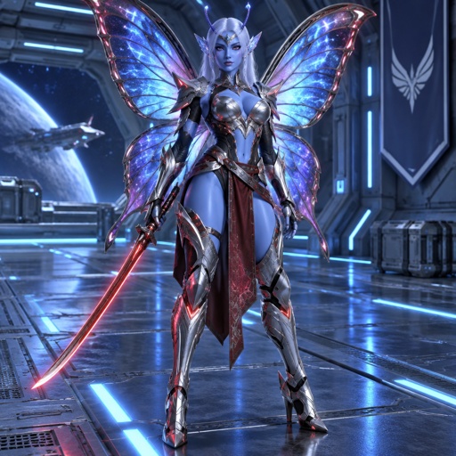 A gorgeous alien butterfly woman in a futuristic space samurai armor. Show whole body. 