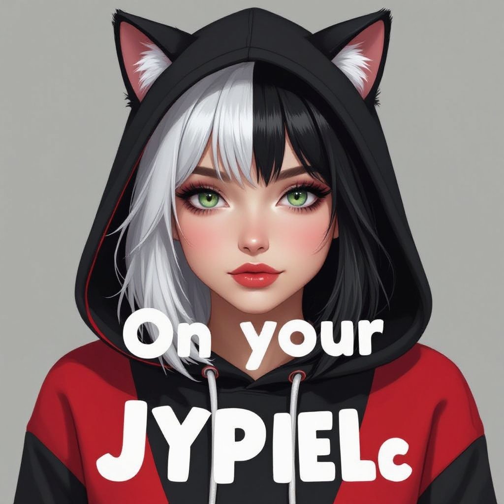 Młoda kobieta. Włosy do ramion, z grzywką, prawa połowa włosów biała, lewa połowa włosów czarna. Okrągła twarz. Szaro-zielone oczy. wąskie usta. Ubrana w czarno czerwoną bluzę z kaptórem z kocimi uszkami. 