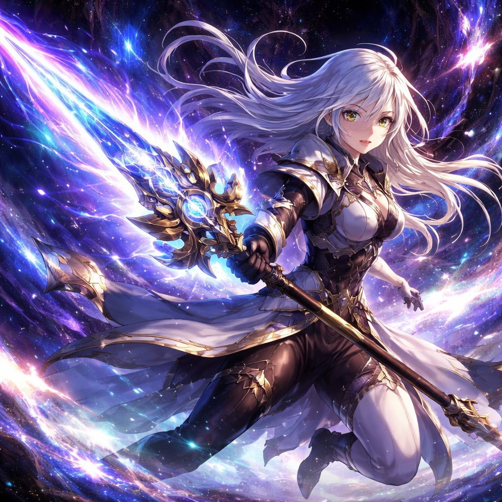 une arme céleste unique, forgée dans le creuset des âges et des dimensions : l’Égide d’Éon. L’Égide d’Éon est une lance d’une beauté surnaturelle, dont le manche est sculpté dans un métal inconnu, brillant comme mille étoiles. Sa pointe est une lame d’énergie pure, capable de transpercer non seulement la matière, mais aussi le tissu même de l’espace-temps. Lorsque l’arme est brandie, elle émet un halo d’énergie cosmique, vibrant au rythme des éons passés et futurs. Son histoire légendaire commence lors de la convergence des temps, un événement où tous les êtres, connus et inconnus, de toutes les époques, furent rassemblés par une force mystérieuse. C’est alors qu’un forgeron divin, maître des dimensions, façonna l’Égide d’Éon en utilisant les fragments d’astres disparus et les éclats des réalités effondrées. L’arme fut donnée à un gardien élu, chargé de maintenir l’équilibre entre les mondes et de déchirer les anomalies temporelles menaçant l’existence. On raconte que l’Égide d’Éon peut ouvrir des portails vers des époques oubliées ou futures, mais aussi sceller des failles temporelles avant qu’elles ne détruisent la réalité. Son pouvoir est incommensurable, mais elle ne peut être maniée que par celui dont l’âme est en harmonie avec le flux du temps, un être capable de comprendre que chaque instant est à la fois un passé, un présent et un avenir. Cette arme céleste symbolise la maîtrise du temps et de l’espace, une légende gravée dans le cœur des univers mêlés.