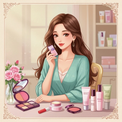 Create a character showing there whole body head to toe, a lady who loves beauty products