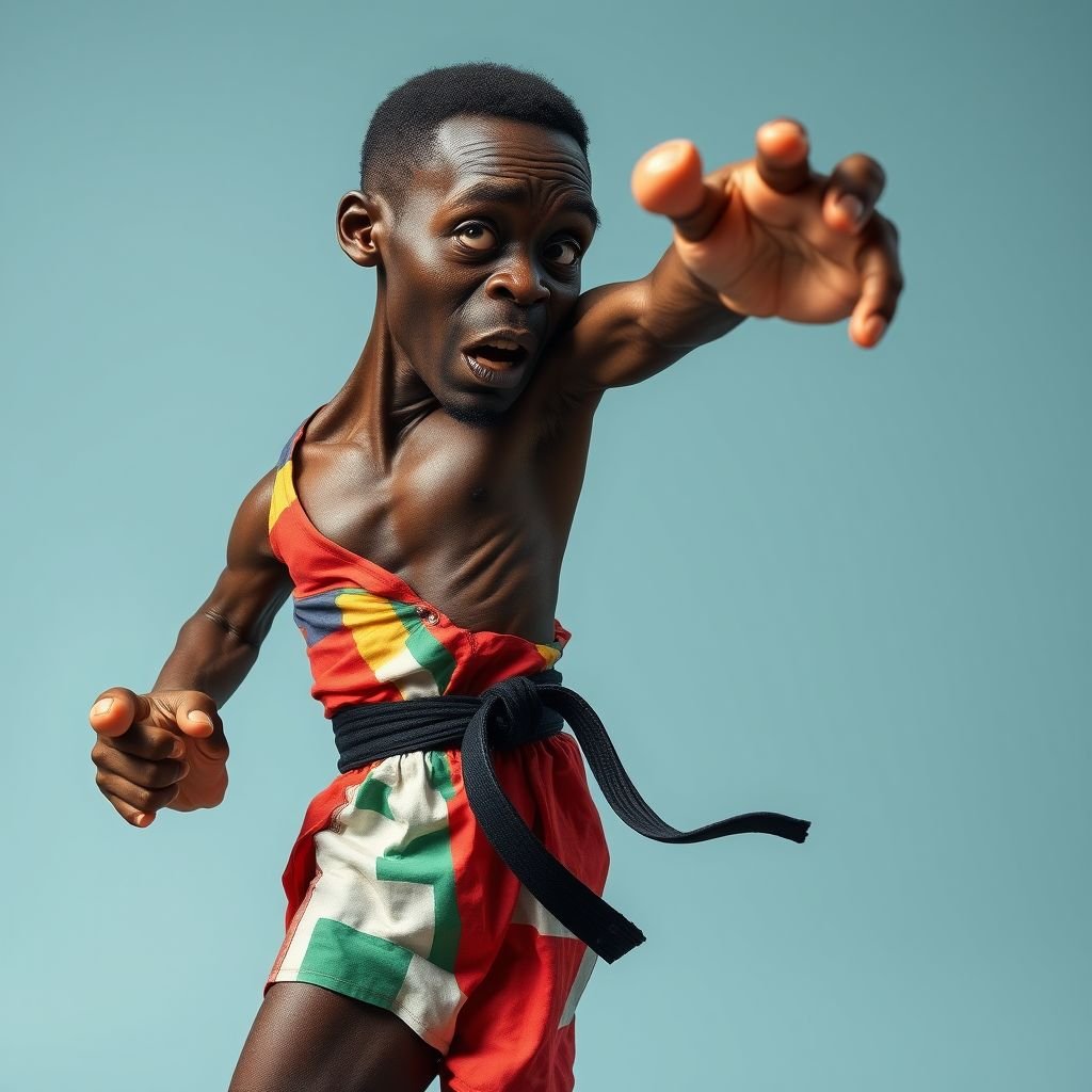 Create a character who looks like a funny African karate guy who doesn’t have a clue what he is doing. Make him have weird toes, only speedos on and a black karate belt. Make him tal skinny and slinky.