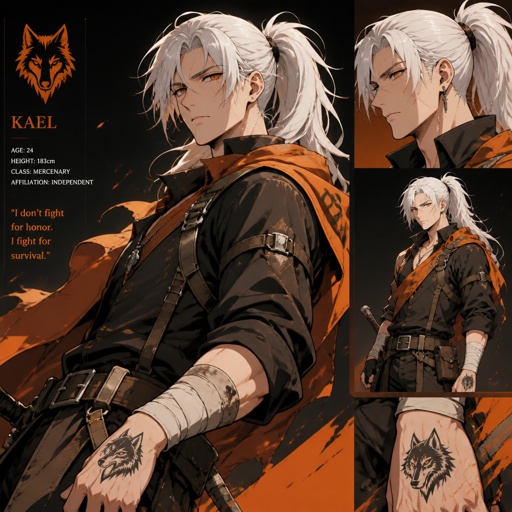 Male, 24, white ponytail, serious , mercenary clothes, wolf tattoo on hand, orange 