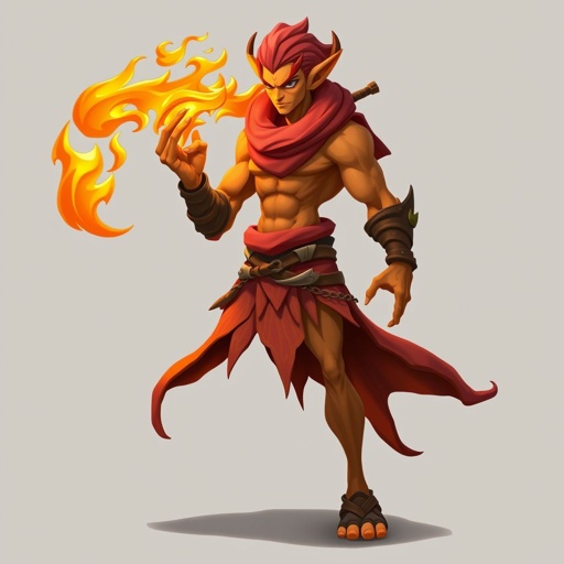 Create a character: battle hero Rhen the Fire-Singer – A lean, muscular man. Show him head to toe including his shoes.