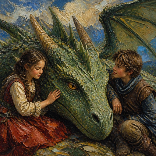 Mädchen und junge mit einem grünen Drachen 