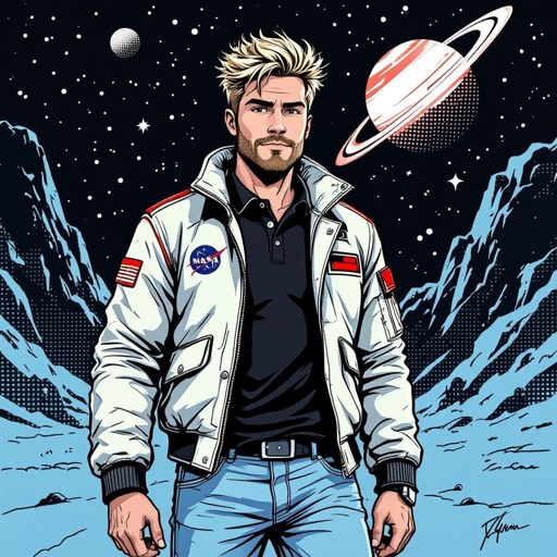 man with Dirty Blonde Unkempt Hair and Goatee.  Astronaut Flight Jacket Black And White Polo and Light blue denim jeans with red sneakers