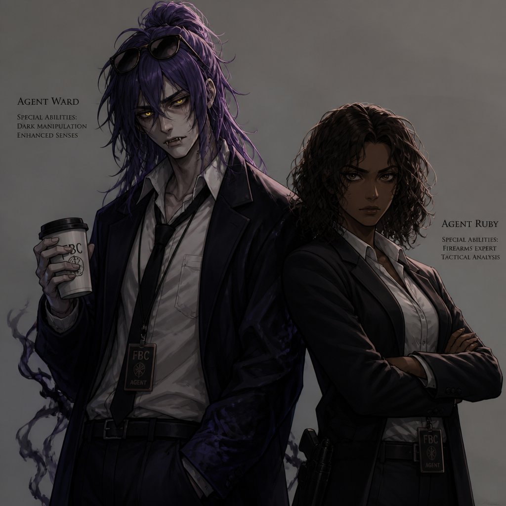Anime,Agent Ward,long messy hair half side longer in a messy up tied bun and drooped down,light deep purple hair black tips,made in a secret lab to be the best weapon and solver highly skilled in many things to wear the scientists are scared if he gets out of control (which has happened more then once)has to be kept in check by lab facility,and they have an emergency back up incase he gets out of control,glowing yellow night vision eyes,sharp teeth,sunglasses on head,cares about his partner but doesn’t admit it,likes making jokes, can be reckless mischievous and dangerous,extreme dark powers from lab experiment,best agent,late 20s,thin,exhausted mischievous and reckless,jokes to hide exhaustion,coffee,hates people telling him what to do especially with sleep,intimidating.Partner Ruby she has brown hair a little in the middle of the neck curly,brown eyes, dark skin,serious,goes by the rules, gets annoyed by Ward is also concerned about him try’s to convince him to rest sometimes works,doesn’t like his jokes during work