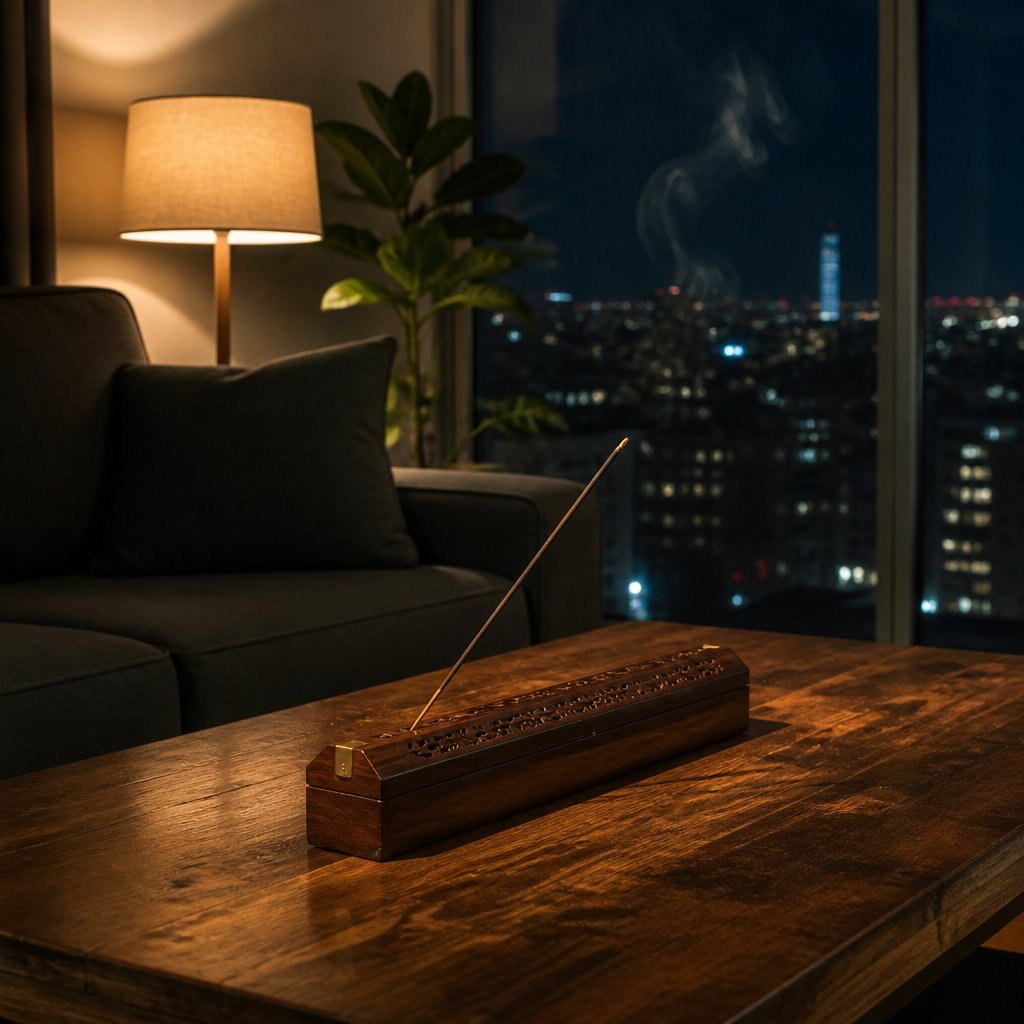 a contemporary urban living room. A window overlooks the city. It is night and all we see are tiny lights. Focus on a coffee table with an traditional stick-type incense burner, Tibet style. One only stick of incense extends from the burner and is burning with pale, visible smoke. No people. Photo realism no speech bubbles no print dots.