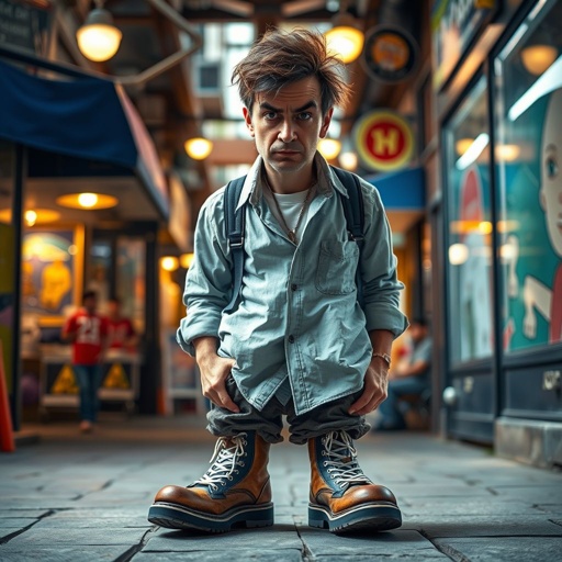 Create a funny looking serious man in the world, with a not so stylish outfit head to toe