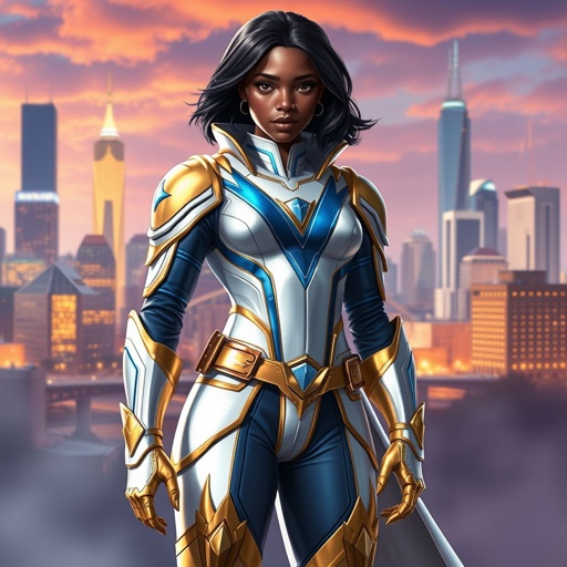 A teenage African American female superhero with hair in a shoulder length side part style wearing a slightly medievally armored white and Gold suit with blue accents and a stylized V as her chest emblem a utility belt and gold boots standing in Philadelphia
