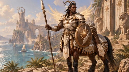 Fantasy character portrait, full body. A young African-inspired centaur paladin, dark brown skin, muscular draft-horse body with dark bay coat and black legs, a small white star marking on the horse chest, two curved antelope-like horns with copper rings, long thin braids with copper beads and one white feather. He wears ornate white and gold heavy armor, a chainmail shirt and scale barding over the horse body. He holds a long spear and a round shield with a golden sun and engraved feather. Quiver of javelins on his flank. A faint golden glow shaped like wings behind his shoulders. Proud, kind expression, amber eyes. Background: sunlit Elonian coast with ancient sandstone monuments and turquoise sea. Painterly concept art style, warm golden light.