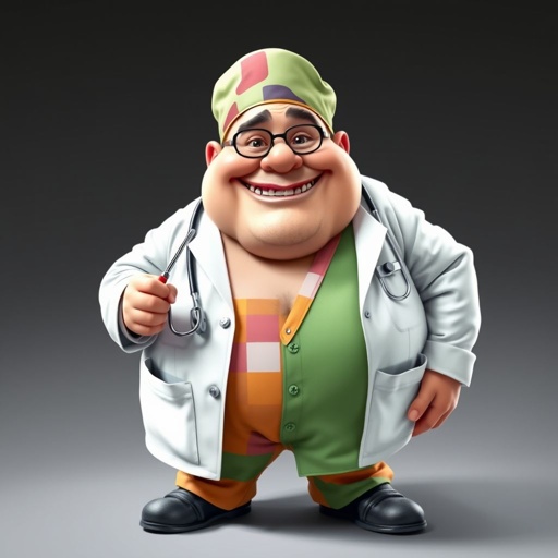 create a fat doctor. Who is funny human looking from head to toe. And he always immediately results to surgery for anything even small things. So please be sure to show his whole outfit head to toe. Make him have funny teeth 