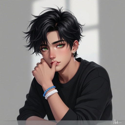 19-year old male with black hair with a single white streak in his hair. He has one green eye and one black eye he wears one white bracelet and one blue bracelet he has no mustache and no beard he has the side of his nose pierced 