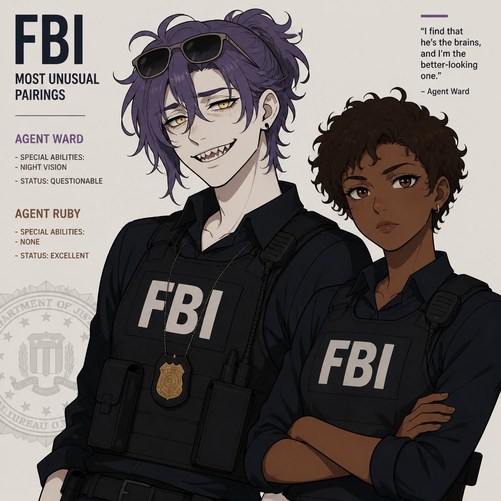 Anime style,Agent Ward,long messy hair in a messy loose up tied bun, violet hair,clean shaven,skin color white,he’s made in a secret lab to be the best weapon and good at everything highly skilled in many things the scientists are scared if he gets out of control,kept in check by lab facility, they have an emergency back up incase he gets out of control, yellow night vision eyes,sharp teeth,sunglasses on head,cares about his partner but doesn’t admit it,likes making jokes, can be reckless mischievous and dangerous,extreme dark powers do to lab experiment ,best agent,late 20s,tired,tall,migraines,sensitive to light,jokes,grins,hates being told what to do,intimidating,laugh like a maniac .Partner Ruby she has brown hair a little above the neck curly,brown eyes, dark skin,serious,goes by the rules, gets annoyed by Ward but conceders him as a friend try’s telling him to sleep,doesn’t like his jokes during work,has been given a small device to trigger a shut down on Ward just in case