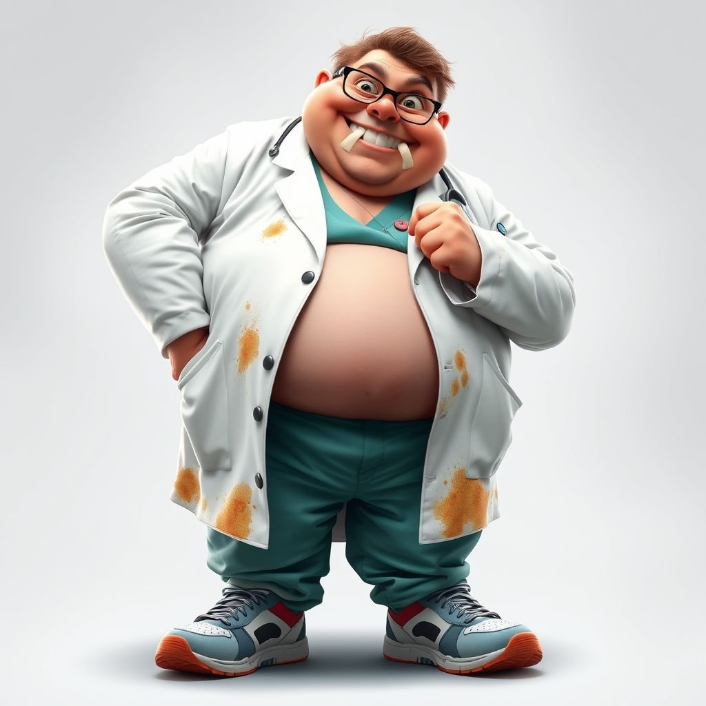 create a fat doctor. Who is funny human looking from head to toe. And he always immediately results to surgery for anything even small things. So please be sure to show his whole outfit head to toe. Make him have 1 tooth. Make it more adult humor instead of cartoon humor. 