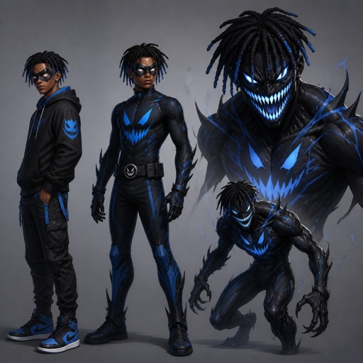 Male superhero with fear manipulation, cool costume, can transform into a terrifying humanoid sharp teeth big smile, mask, African American, teenager, dreads blue tips, multiple of the same character 