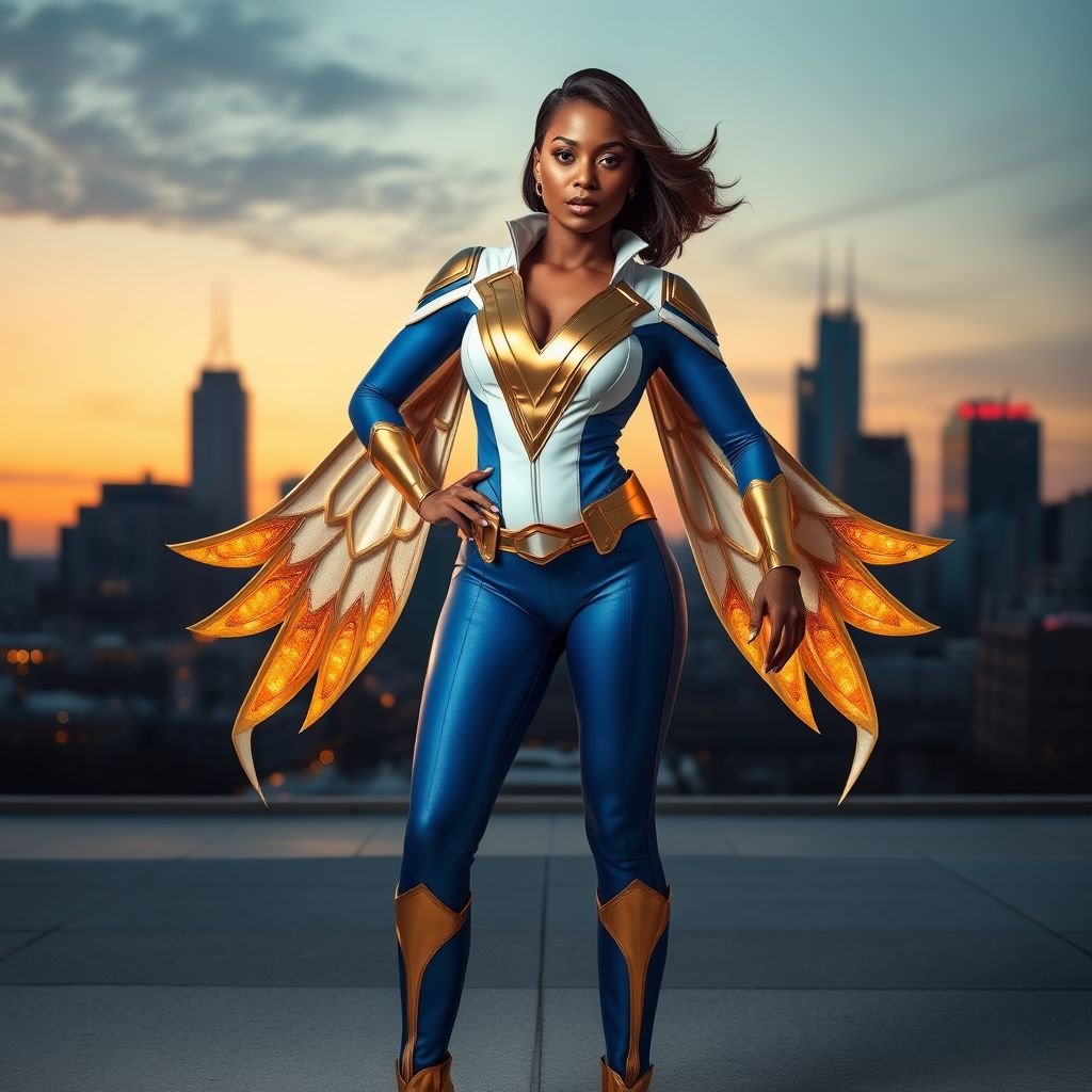 African American female superhero with shoulder length hair in a side part style wearing a homemade white and blue suit with gold accents and blue pants with a stylized V as her chest emblem wearing gold flat boots with wings made of gold fire standing in Philadelphia at dusk