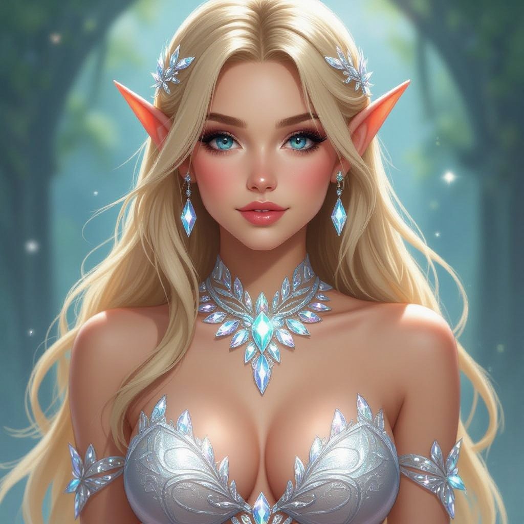 A blonde female elf with big boobs in a crystal bra