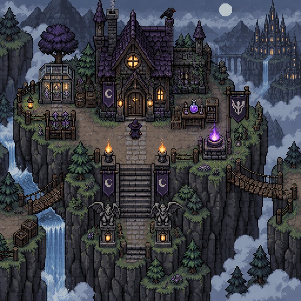 Dark Fairy House on a mountain platform for a fantasy game set in modern times, exterior, top-down style