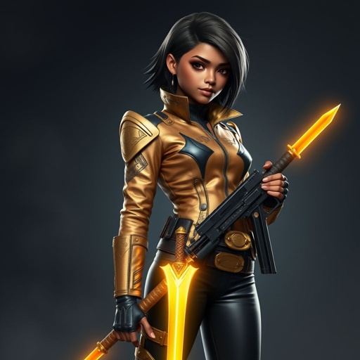 A teenage African American female with shoulder length hair  in a side part style wearing an armored gold leather jacket with black accents black leather pants and gold boots holding a glowing golden sword with a gun belt and two guns on her hips