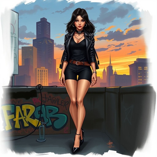 and a black shirt and heels and a black. Dress leather jacket and a cool background
