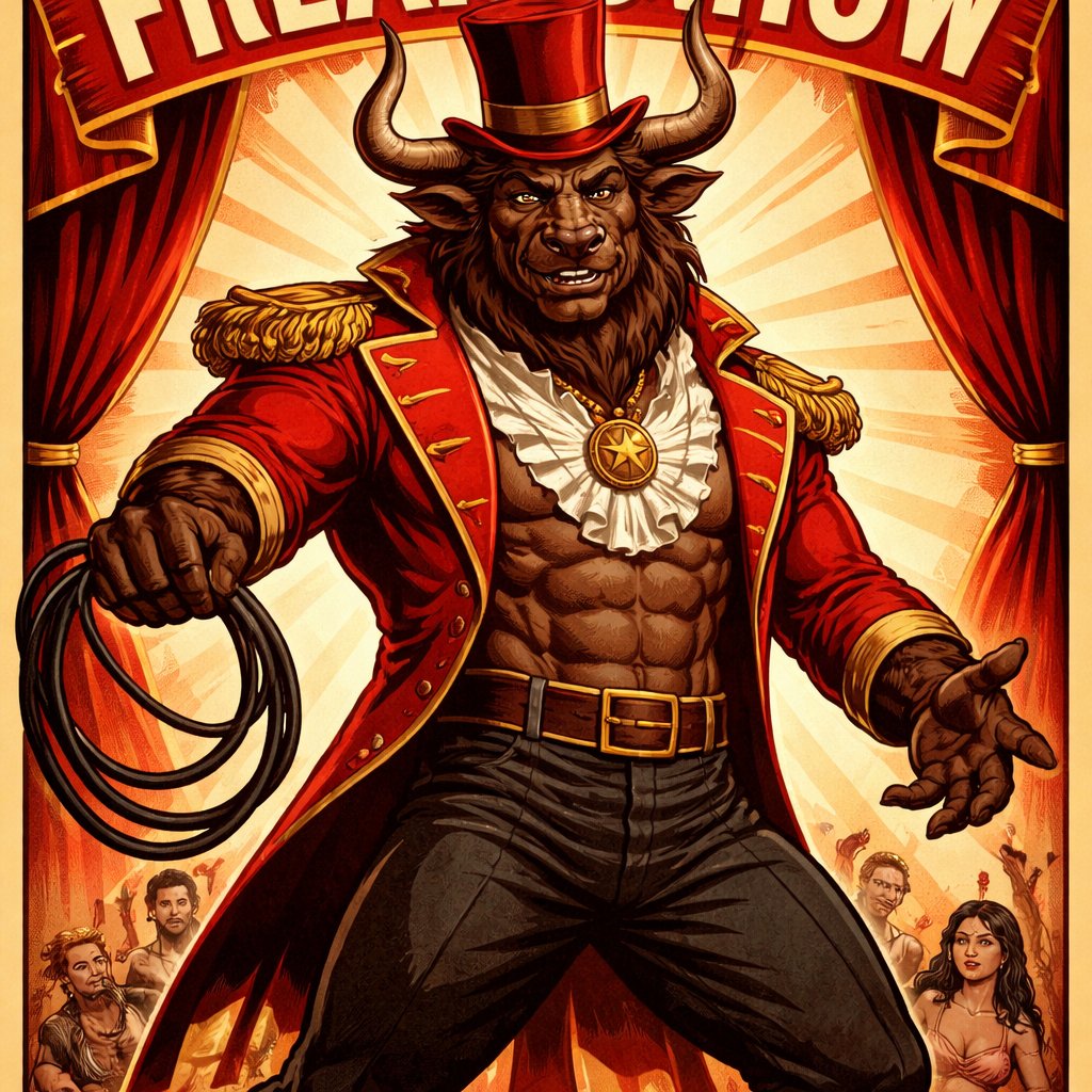 A male medium brown Minotaur with brown eyes that has a well~proportioned figure that works at freak show as the ringmaster. That has abilities of Reality Rejection, Time Manipulation (Chronokineses), Zoolingualism (Language of Cattle only), Human Speech. He’s basically a hybrid with his mother being a human with half-animal (Cretan bull) physiology and his father a Cretan Bull.