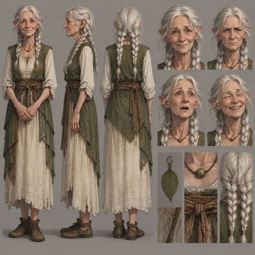 Female, wrinkled, slim, two braids, messy white hair, skinny, leaf earrings, dress, green vest, brown rope around waist, slightly pointy ears, one bead necklace, concept, face expressions