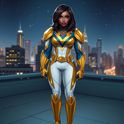 A young African American female superhero with shoulder length hair in a side part style wearing a slightly armored gold and white suit with blue accents with white pants and gold boots with a stylized V as her chest emblem standing ona roof in a Philadelphia at night