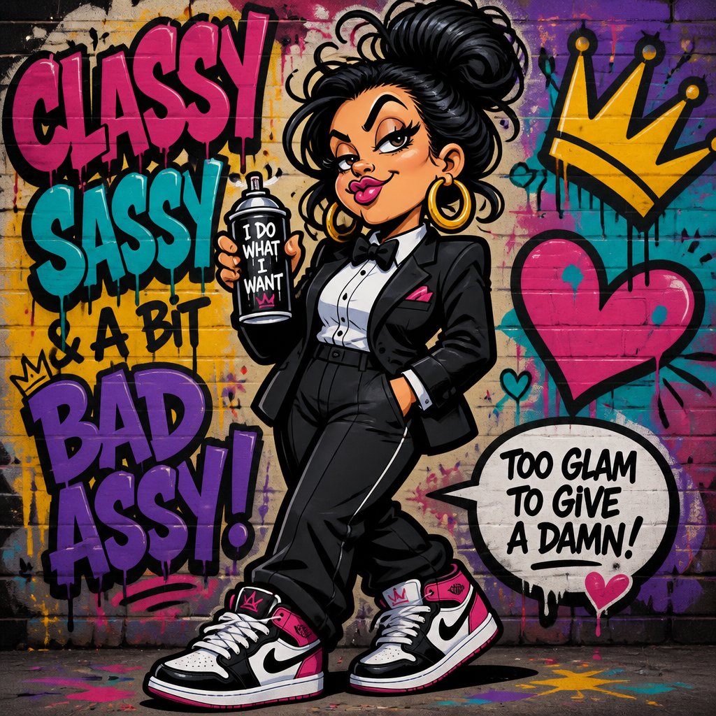 Create a funny woman with attitude wearing tuxedo and sneakers